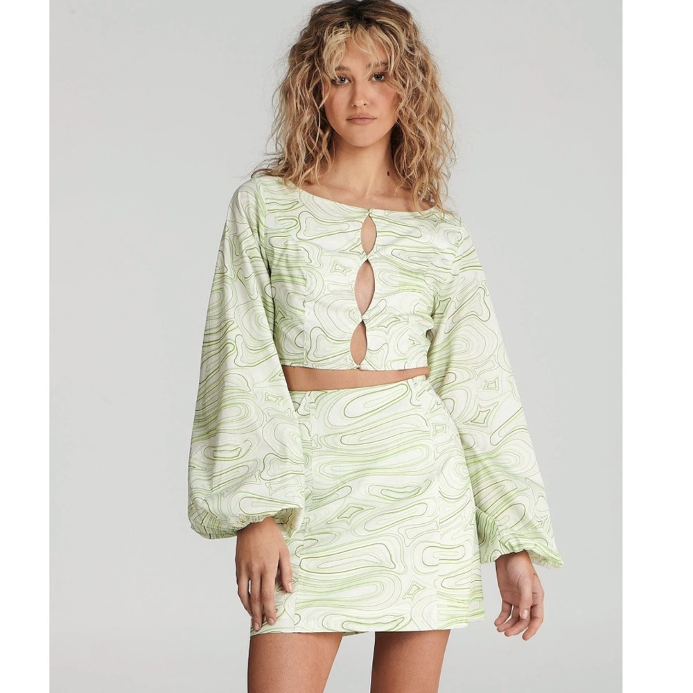 charlie holiday pricilla green abstrac wave cut out crop top + mini skirt set